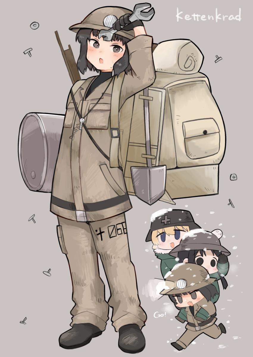 3girls, anthro, anthropomorphization, black_eyes, black_hair, brodie_helmet, brown_uniform, chibi, chito_(shoujo_shuumatsu_ryokou), green_uniform, headlamp, kettenkrad, military_uniform, oil_barrel, rucksack, shoujo_shuumatsu_ryokou, shovel, stahlhelm, tools, wrench, yuuri_(shoujo_shuumatsu_ryokou)