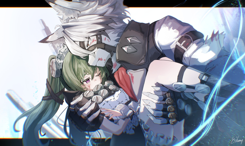 1boy, 1girl, absurdres, animal_ears, apron, black_boots, black_dress, black_gloves