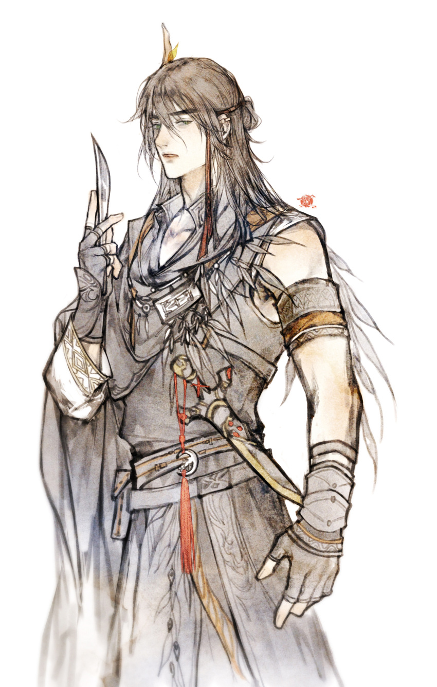 1boy, absurdres, belt, black_gloves, brown_hair, cowboy_shot, dagger, feather_trim