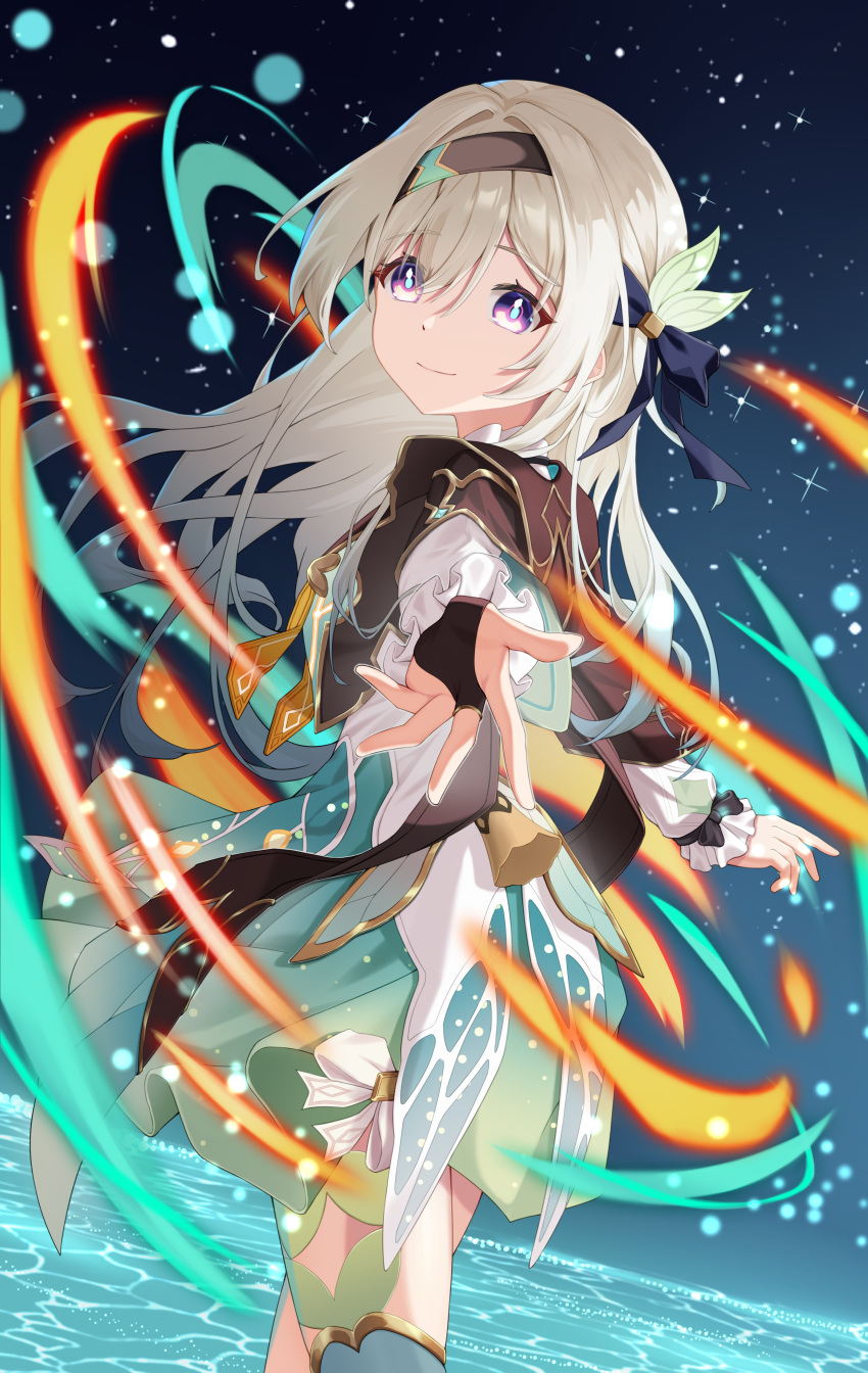 1girl, absurdres, black_dress, cowboy_shot, dress, fingerless_gloves, firefly_(honkai:_star_rail), floating_hair, gloves, green_dress, highres, honkai:_star_rail, honkai_(series), le_huo, long_hair, looking_at_viewer, offering_hand, reaching, reaching_towards_viewer, smile, solo, standing, two-tone_dress, violet_eyes, white_hair, zettai_ryouiki