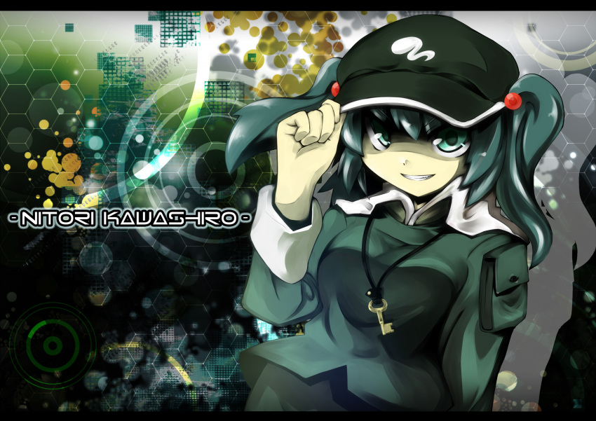 blue_eyes, blue_hair, grin, hair_bobbles, hair_ornament, hand_on_hat, hat, highres, kawashiro_nitori, key, ryu_(multitask), ryuu_(multitask), short_hair, smile, solo, teeth, touhou, twintails