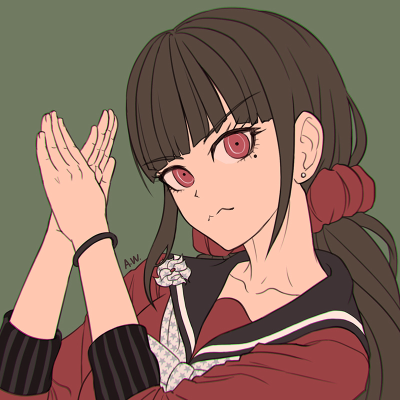 1girl, blunt_bangs, brown_hair, danganronpa_(series), danganronpa_v3:_killing_harmony, earrings, green_background, hair_ornament