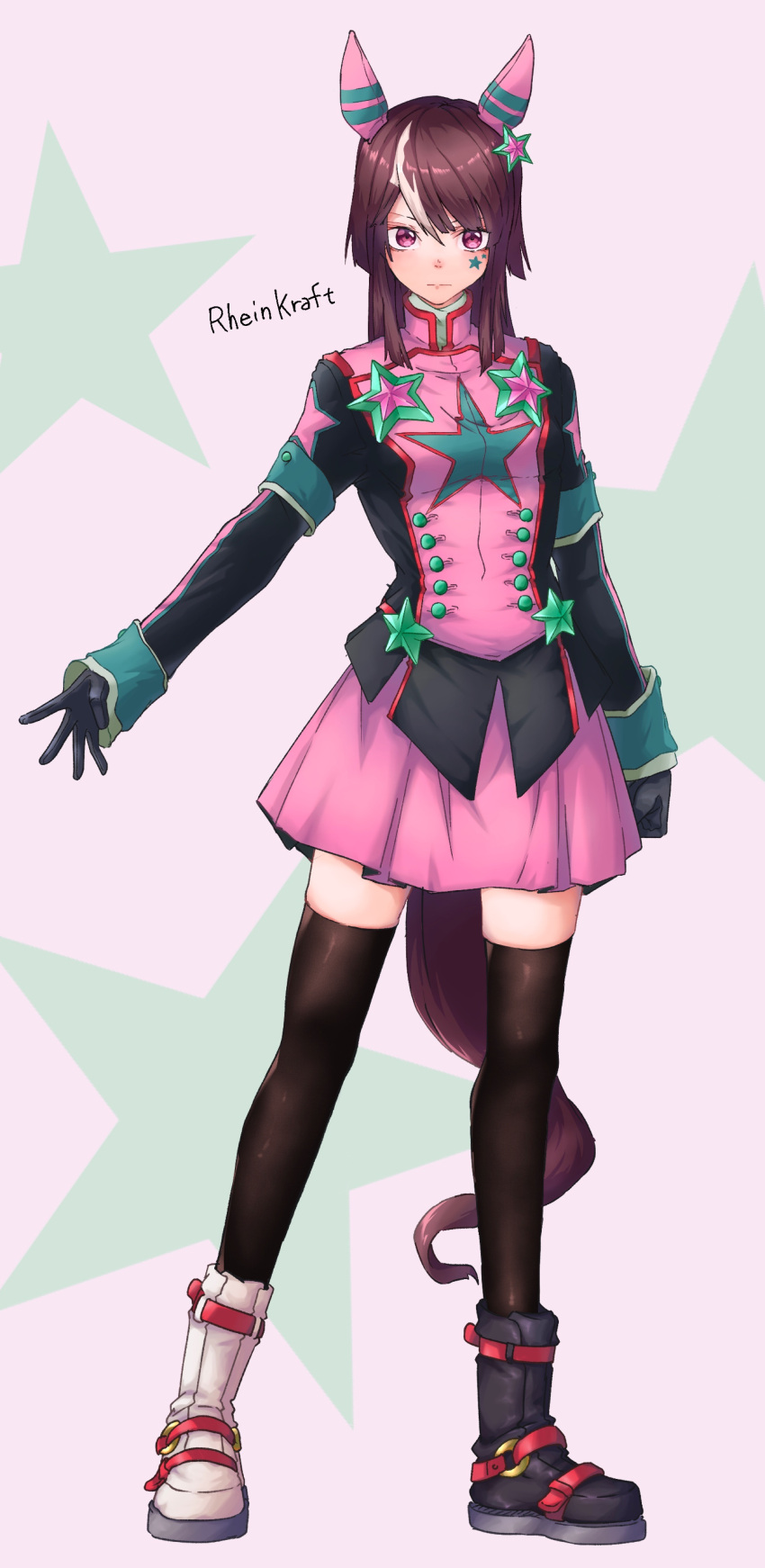 1girl, absurdres, animal_ears, asymmetrical_footwear, black_gloves, black_thighhighs, brown_hair, buttons