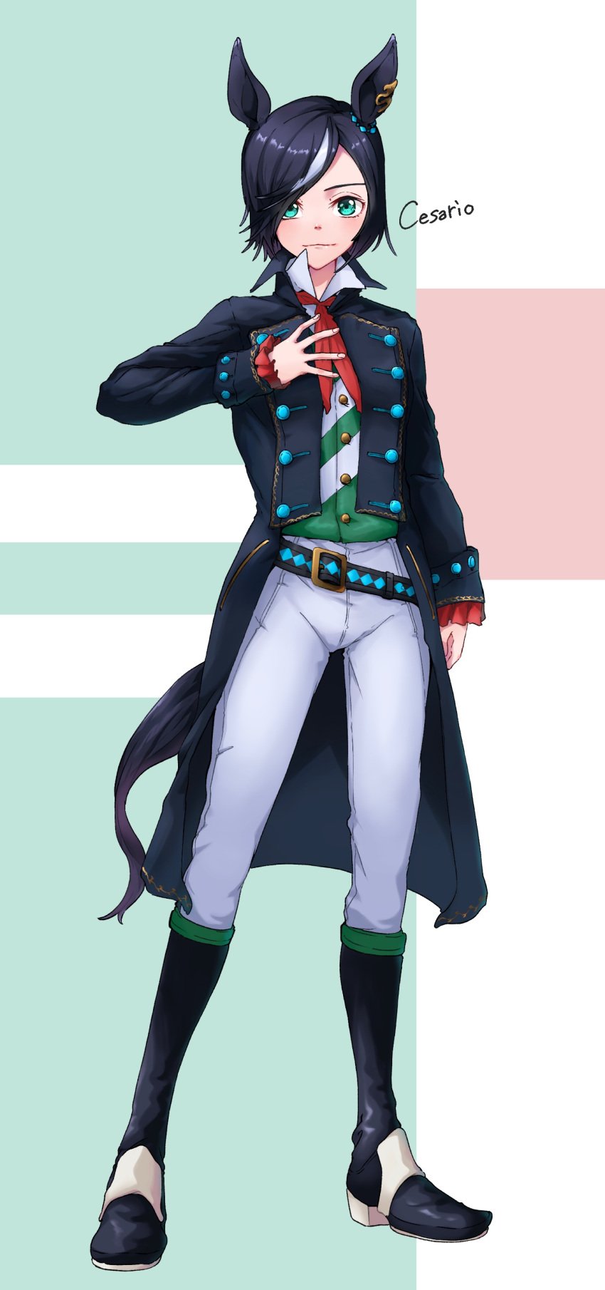 1girl, absurdres, animal_ears, black_hair, black_jacket, boots, cesario_(racehorse), character_name