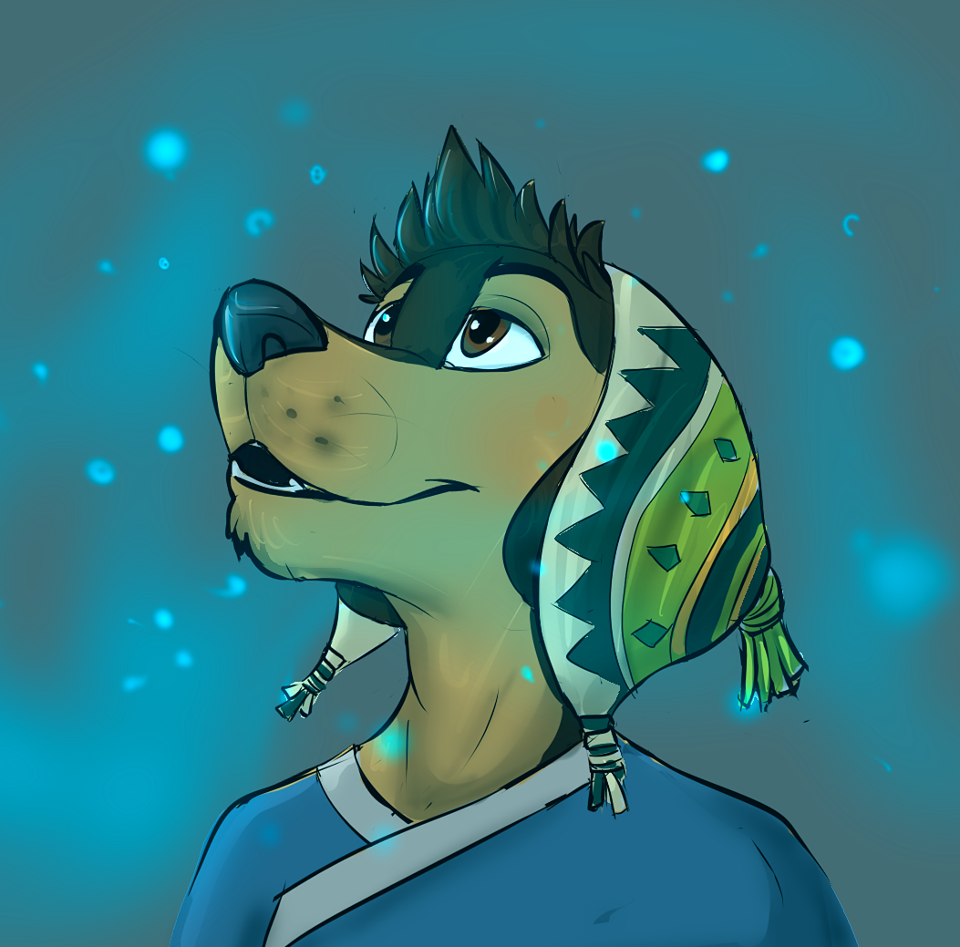 1boy, blue_shirt, bodi_(rock_dog), dog_boy, dog_nose, english_commentary, furry, furry_male, green_hat, hat, looking_up, male_focus, open_mouth, rock_dog, shirt, smile, upper_body, wolfken0