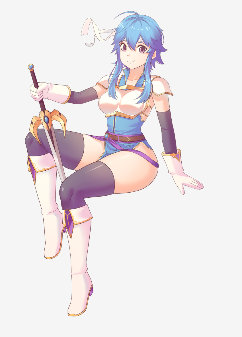 1girl, ahoge, armor, belt, blue_hair, blue_tunic, boots, breastplate