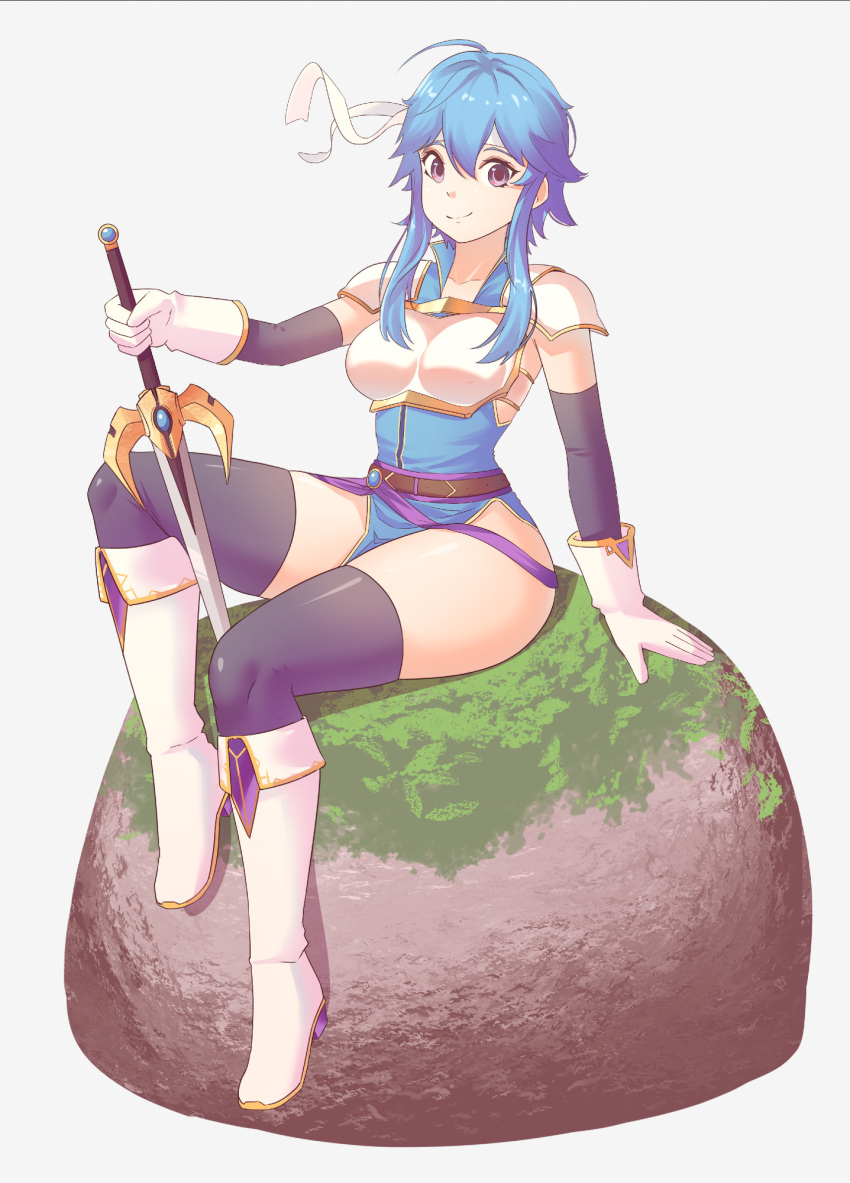 1girl, ahoge, armor, belt, blue_hair, blue_tunic, boots, breastplate
