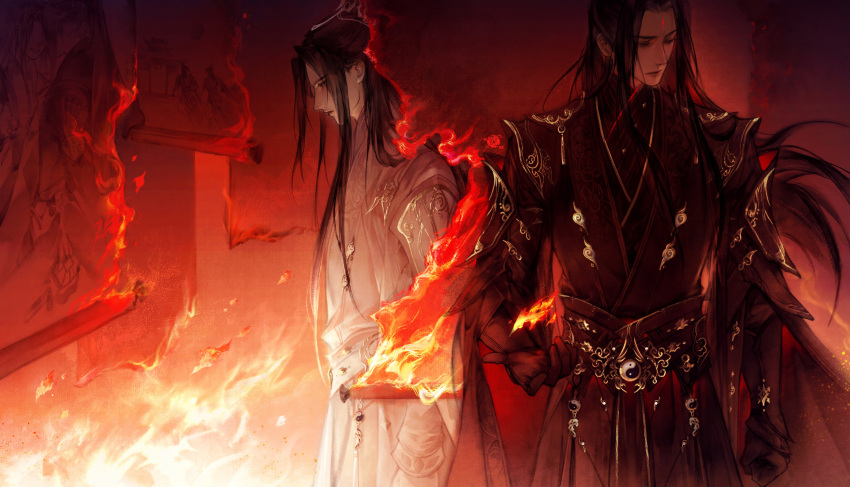 2boys, absurdres, black_gloves, black_hair, black_hanfu, black_sleeves, burning, burning_clothes