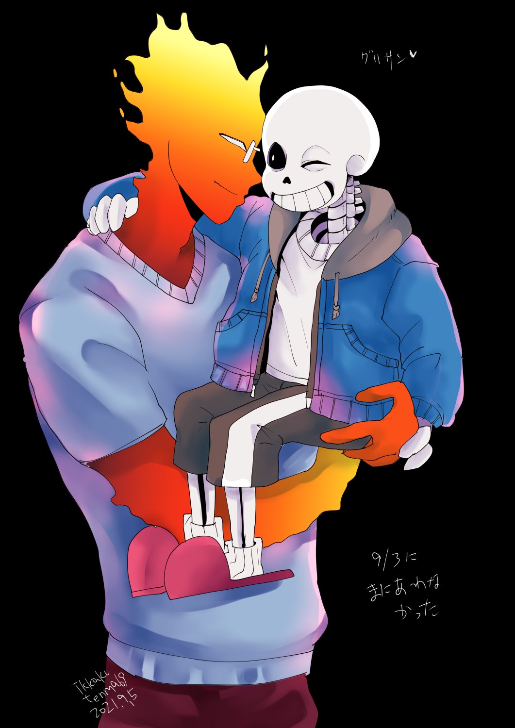 2021, 2boys, 2d, alternate_costume, artist_name, black_background, blue_jacket, carrying