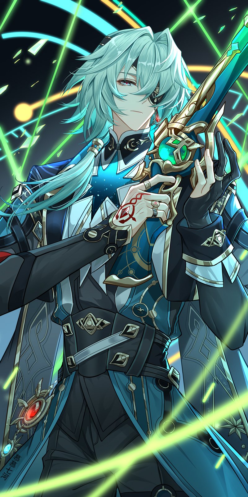 1boy, 7-river, anaxa_(honkai:_star_rail), aqua_eyes, aqua_hair, ascot, black_background, black_capelet