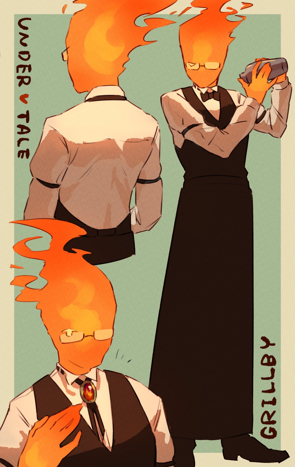 1boy, 2022, 2d, bartender, black_bowtie, black_pants, black_vest, blue_background