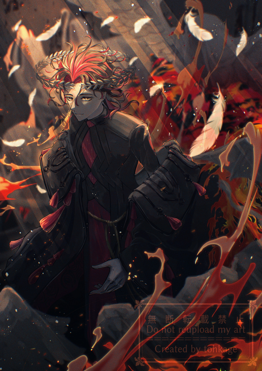 1boy, black_coat, black_hair, black_robe, coat, curly_hair, dante_alighieri_(fate), dante_alighieri_(third_ascension)_(fate), fate/grand_order, fate_(series), feathers, floating_crown, grey_eyes, high_collar, highres, laurel_crown, long_sleeves, looking_at_viewer, male_focus, medium_hair, multicolored_hair, off_shoulder, red_hair, red_robe, robe, smile, solo, tassel, tookage_(tohkage), two-tone_hair