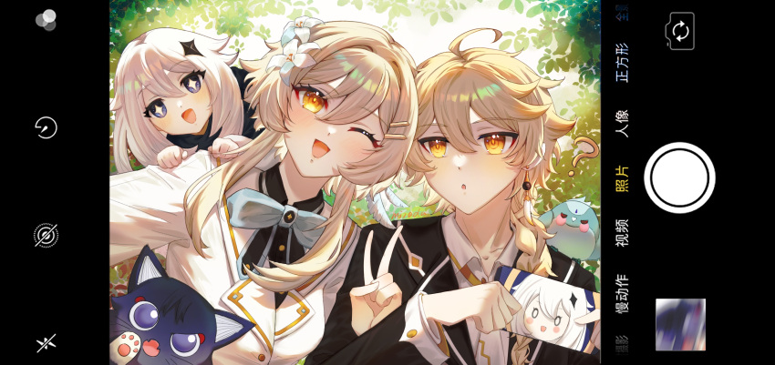 1boy, 2girls, aether_(genshin_impact), ahoge, blonde_hair, braid, earrings, eugn2343