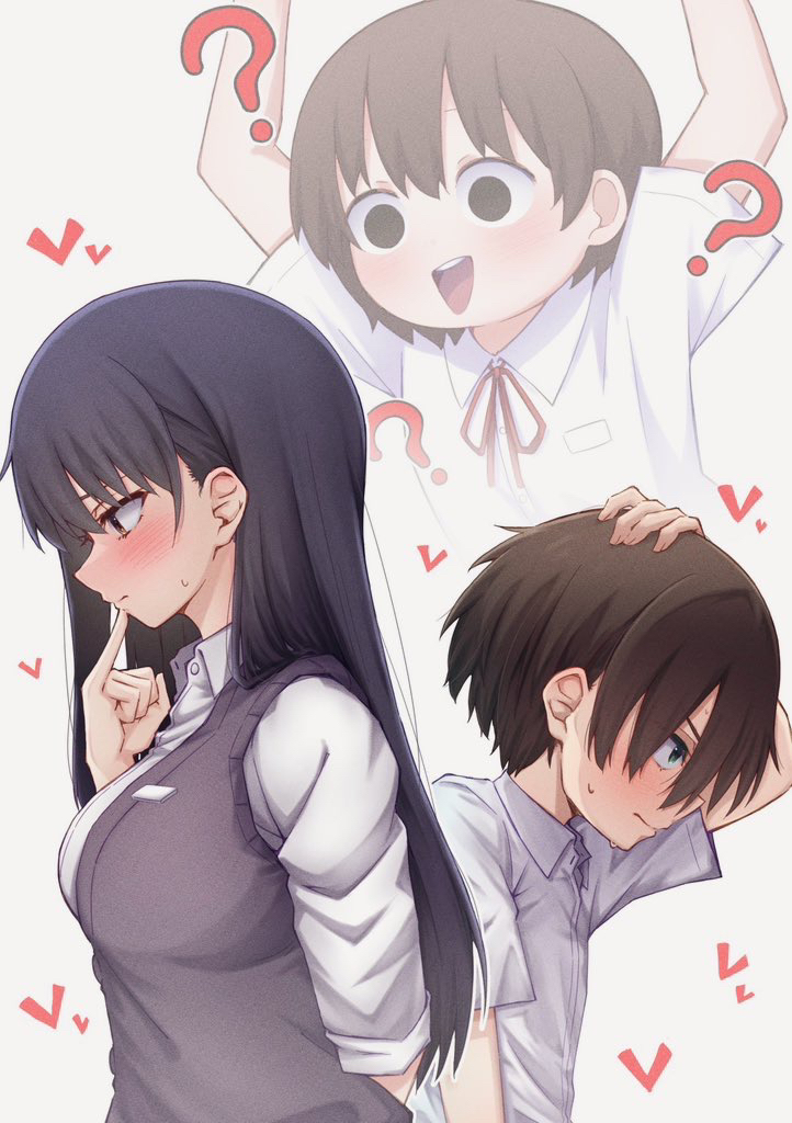 1boy, 2girls, ?, arm_up, black_hair, blue_eyes, blush, boku_no_kokoro_no_yabai_yatsu