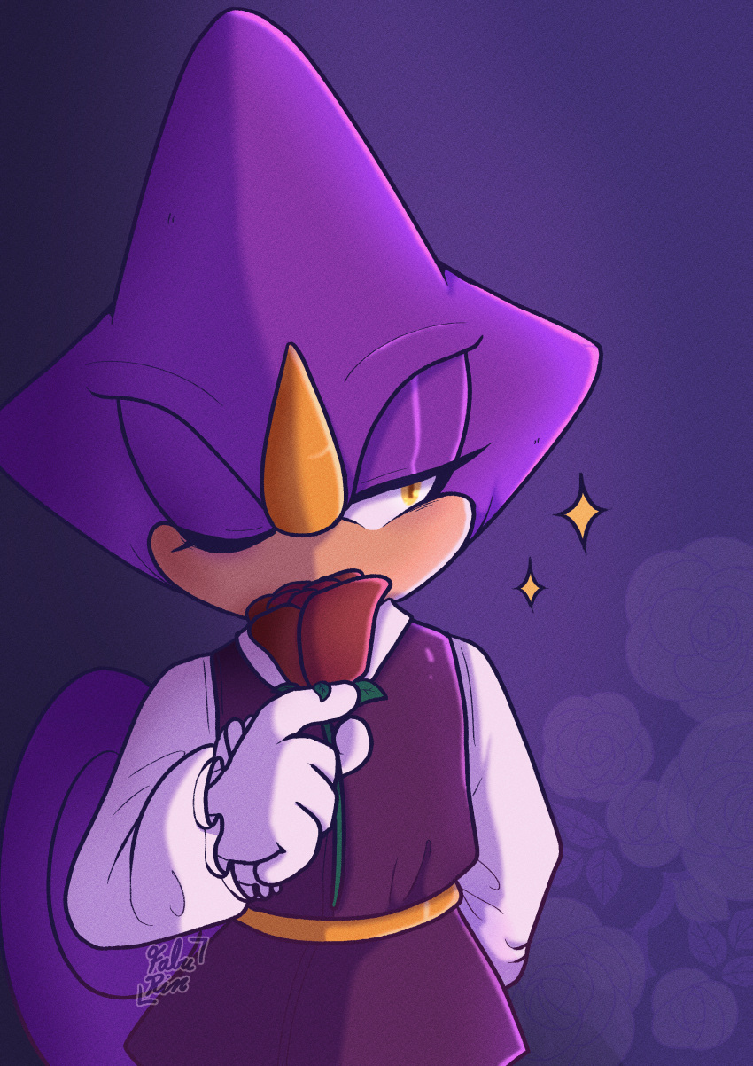 1boy, absurdres, alternate_costume, colored_skin, espio_the_chameleon, faburin, flower, furry
