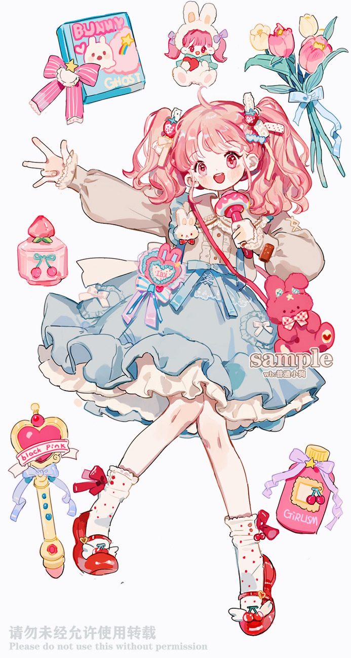 1girl, ahoge, animal_bag, ankle_socks, back_bow, bag, blue_bow, blue_skirt