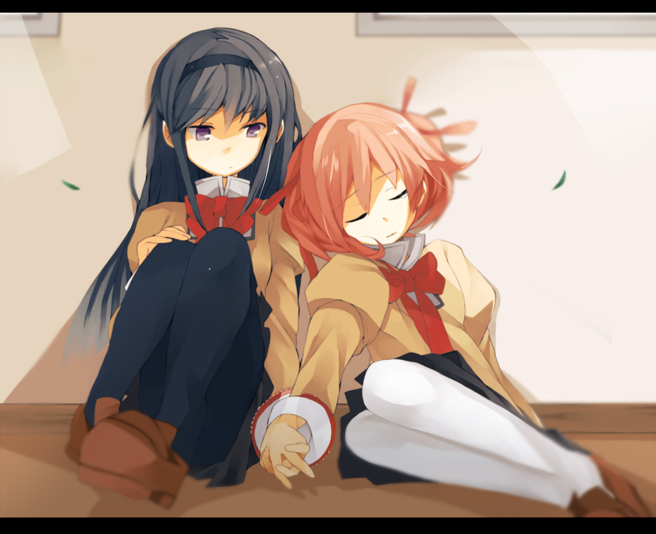 black_hair, blurry, closed_eyes, depth_of_field, eyes_closed, hairband, hand_holding, hinata123, holding_hands, kaname_madoka, leaf, letterboxed, loafers, long_hair, mahou_shoujo_madoka_magica, pantyhose, pink_hair, purple_eyes, school_uniform, shoes, skirt, twintails, violet_eyes