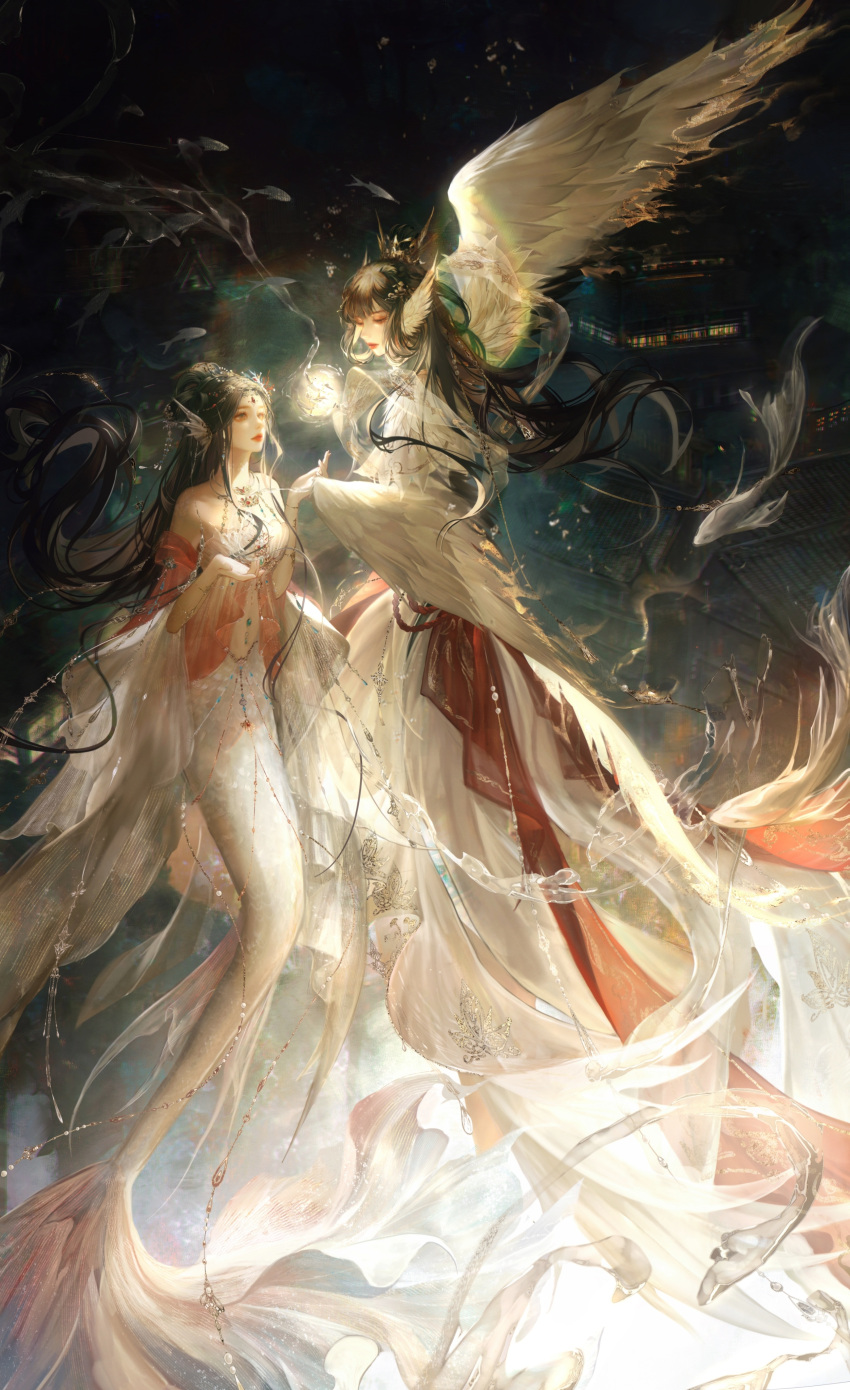 2girls, absurdres, animal_ears, architecture, bare_shoulders, bird_ears, bird_wings, black_hair