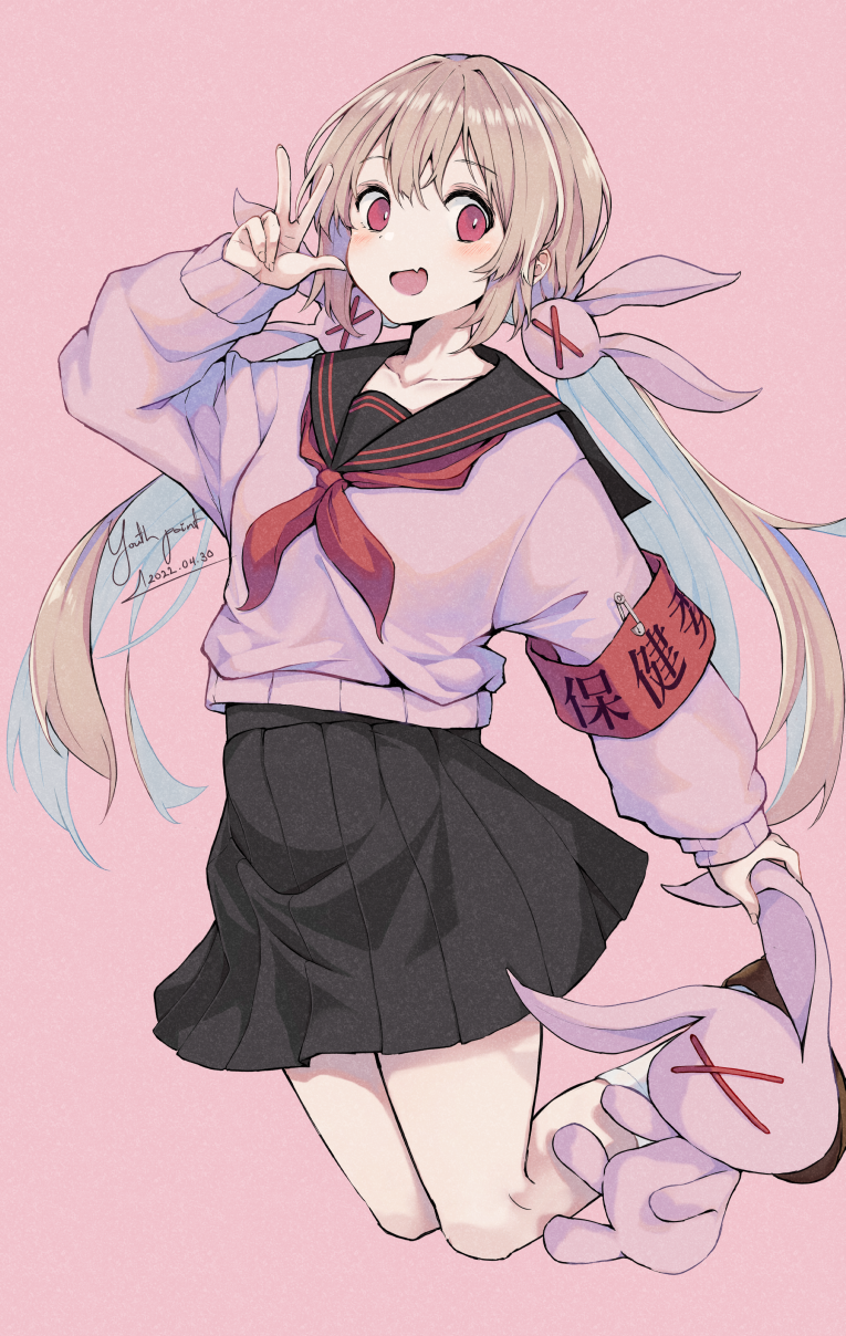 >_<, 1girl, :d, armband, artist_name, black_sailor_collar, black_skirt, blush, brown_hair, commentary_request, dated, fang, full_body, hair_ornament, highres, holding, holding_stuffed_toy, jumping, long_hair, long_sleeves, looking_at_viewer, low_twintails, natori_sana, natori_sana_(school_uniform), neckerchief, official_alternate_costume, open_mouth, pink_background, pink_sweater, pleated_skirt, rabbit_hair_ornament, red_armband, red_eyes, red_neckerchief, sailor_collar, sana_channel, school_uniform, serafuku, simple_background, skirt, smile, solo, stuffed_animal, stuffed_rabbit, stuffed_toy, sweater, twintails, very_long_hair, virtual_youtuber, w, youthpaint