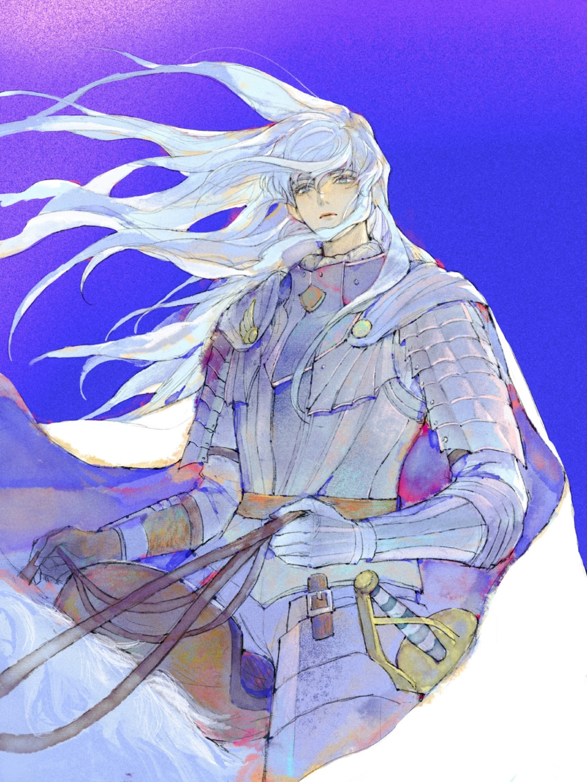 1boy, 4k123, arm_armor, armor, belt, berserk, blue_background, blue_eyes