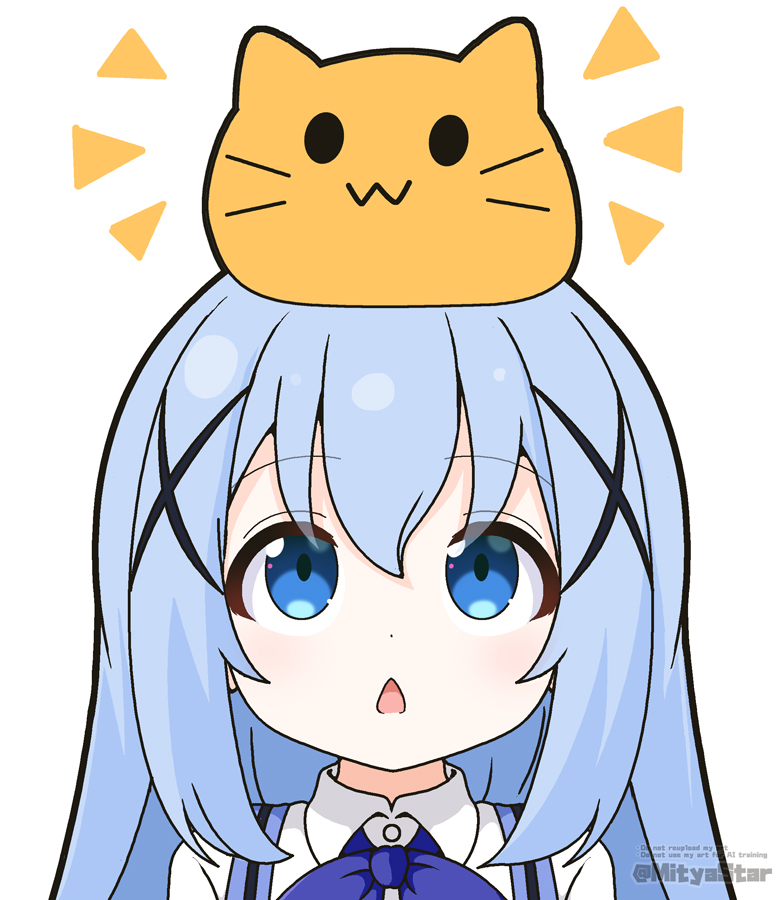 1girl, :<, blob_(google), blobcat, blue_bow, blue_eyes, blue_hair, blue_vest