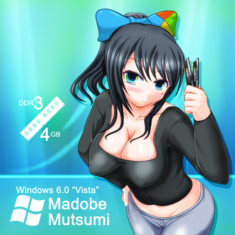 black_eyes, black_hair, breasts, cleavage, gradient_eyes, hair_ribbon, hand_on_hip, hips, madobe_mutsumi, memory, microsoft, mole, navel, os, ponytail, ribbon, shimoogawa, solo, vista