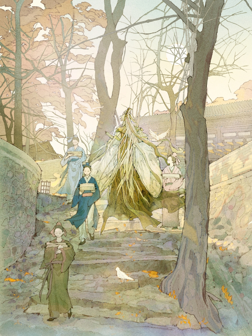 4k123, 5boys, arm_behind_back, bare_tree, belt, bird, black_shoes, blue_hanfu, branch, brown_hair, building, chinese_clothes, floating_hair, from_behind, full_body, green_hair, green_hanfu, hair_bun, hair_pulled_back, hanfu, highres, holding, jinguang_budaixi, leaf, long_hair, looking_ahead, looking_at_another, mo_cangli, multiple_boys, outdoors, pants, pink_hanfu, ribboned_xiao_guan, scroll, shoes, stairs, straight-on, sun, sunlight, tree, very_long_hair, walking, white_pants, white_sleeves, wide_sleeves, xiao_guan_(headdress)