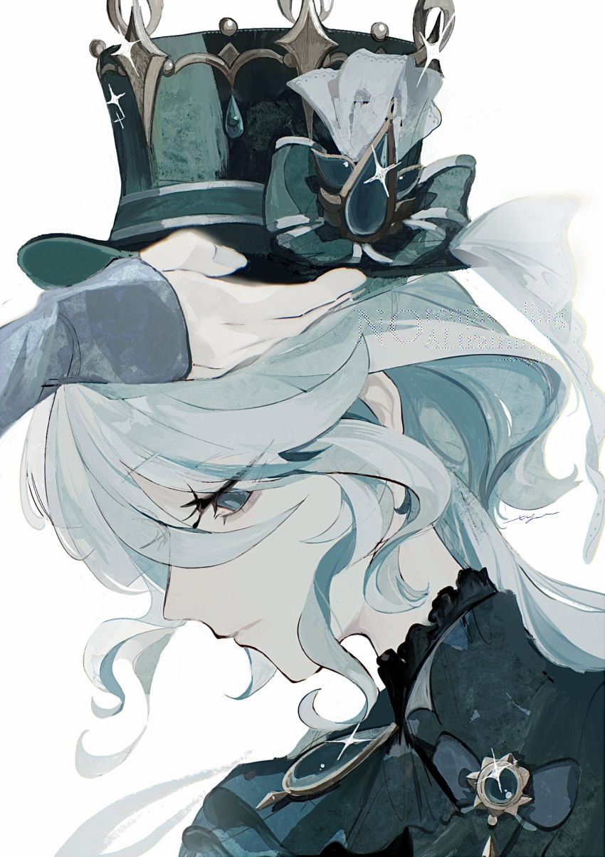 1girl, blue_eyes, blue_hair, brooch, co6_3g, furina_(genshin_impact), genshin_impact, green_hat, hat, highres, holding, holding_hat, holding_unworn_clothes, jewelry, long_hair, looking_down, serious, simple_background, solo, top_hat, upper_body, white_background