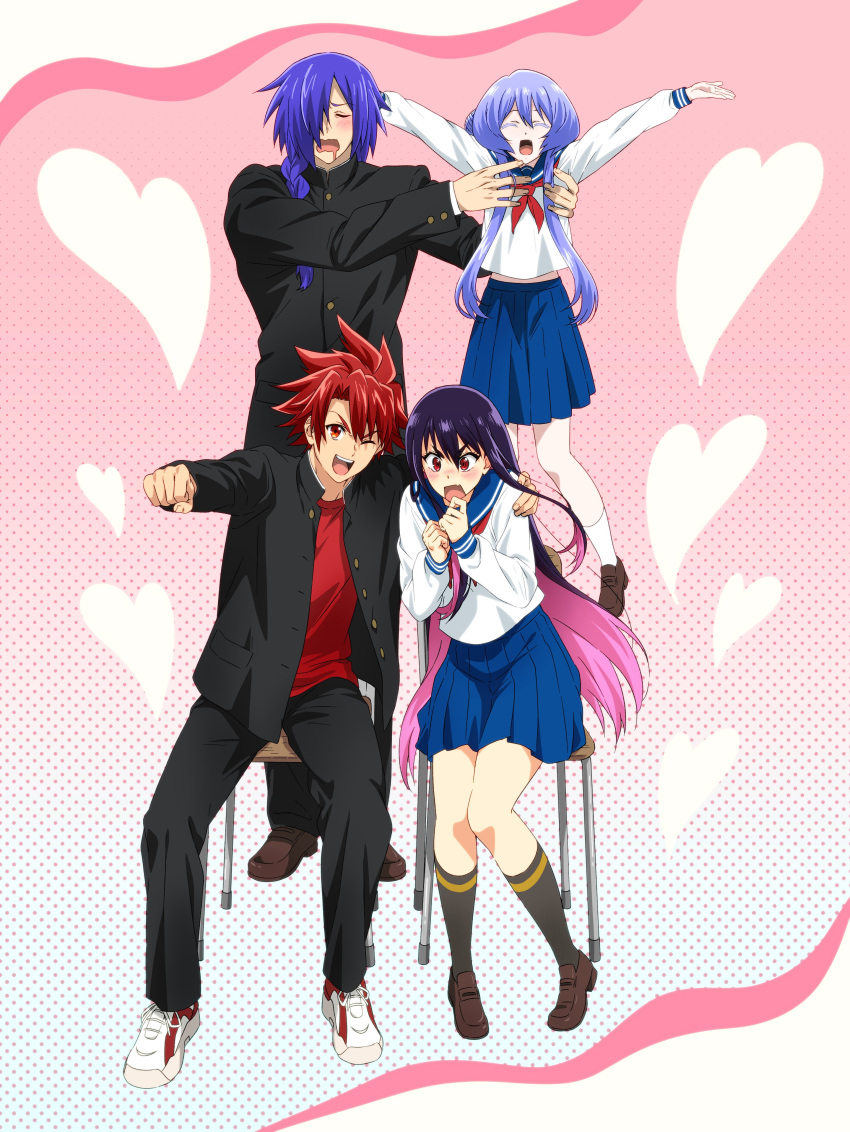 2boys, 2girls, absurdres, alternate_universe, asagaki_toogo, black_jacket, blue_hair, blue_skirt