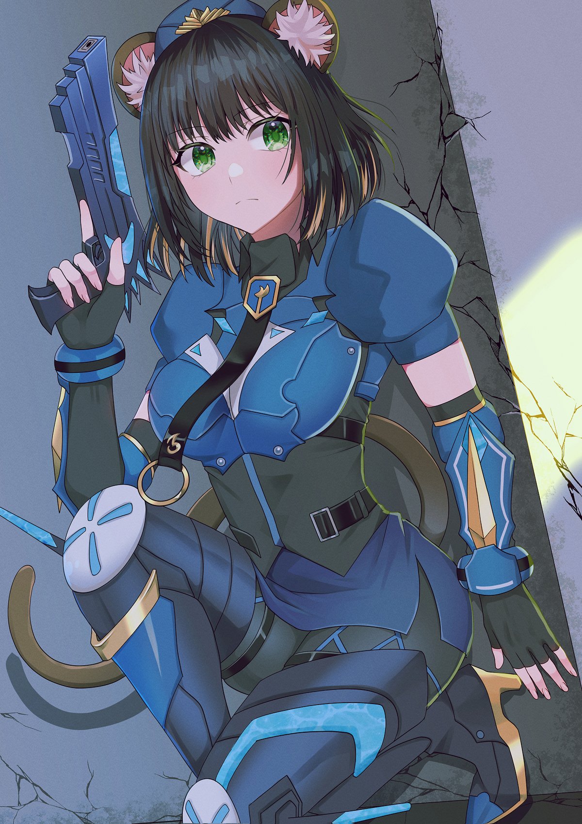 1girl, animal_ear_fluff, animal_ears, armor, black_gloves, black_hair, blue_armor, blue_skirt, brown_hair, brown_tail, duel_monster, fingerless_gloves, gloves, green_eyes, gun, hiding, highres, holding, holding_gun, holding_weapon, k9_-_#17_izuna, miniskirt, monkey_ears, monkey_girl, monkey_tail, pinyata_(pinyaland), skirt, solo, trigger_discipline, weapon, yu-gi-oh!
