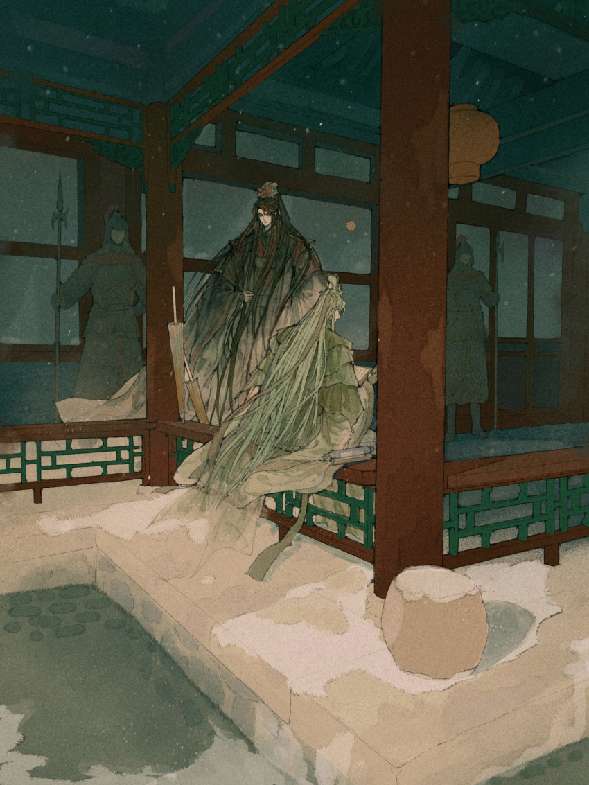 4boys, 4k123, architecture, armor, black_hair, black_hanfu, chinese_clothes, closed_mouth