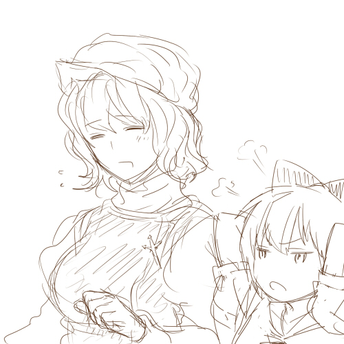 cirno, cohal, hair_bow, hat, letty_whiterock, lowres, monochrome, short_hair