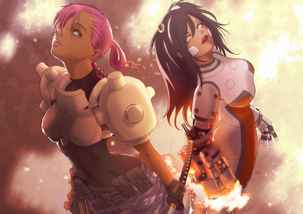 arm_cannon, armor, belt, black_hair, blue_eyes, bodysuit, braid, brown_eyes