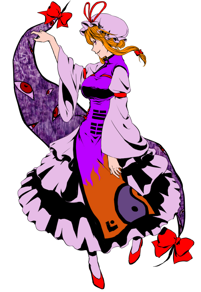 blonde_hair, bow, cohal, gap, hair_bow, hat, purple_eyes, solo, tabard, touhou, violet_eyes, yakumo_yukari