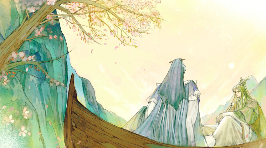 2boys, 4k123, arm_on_knee, blue_capelet, boat, capelet, chinese_clothes, closed_mouth