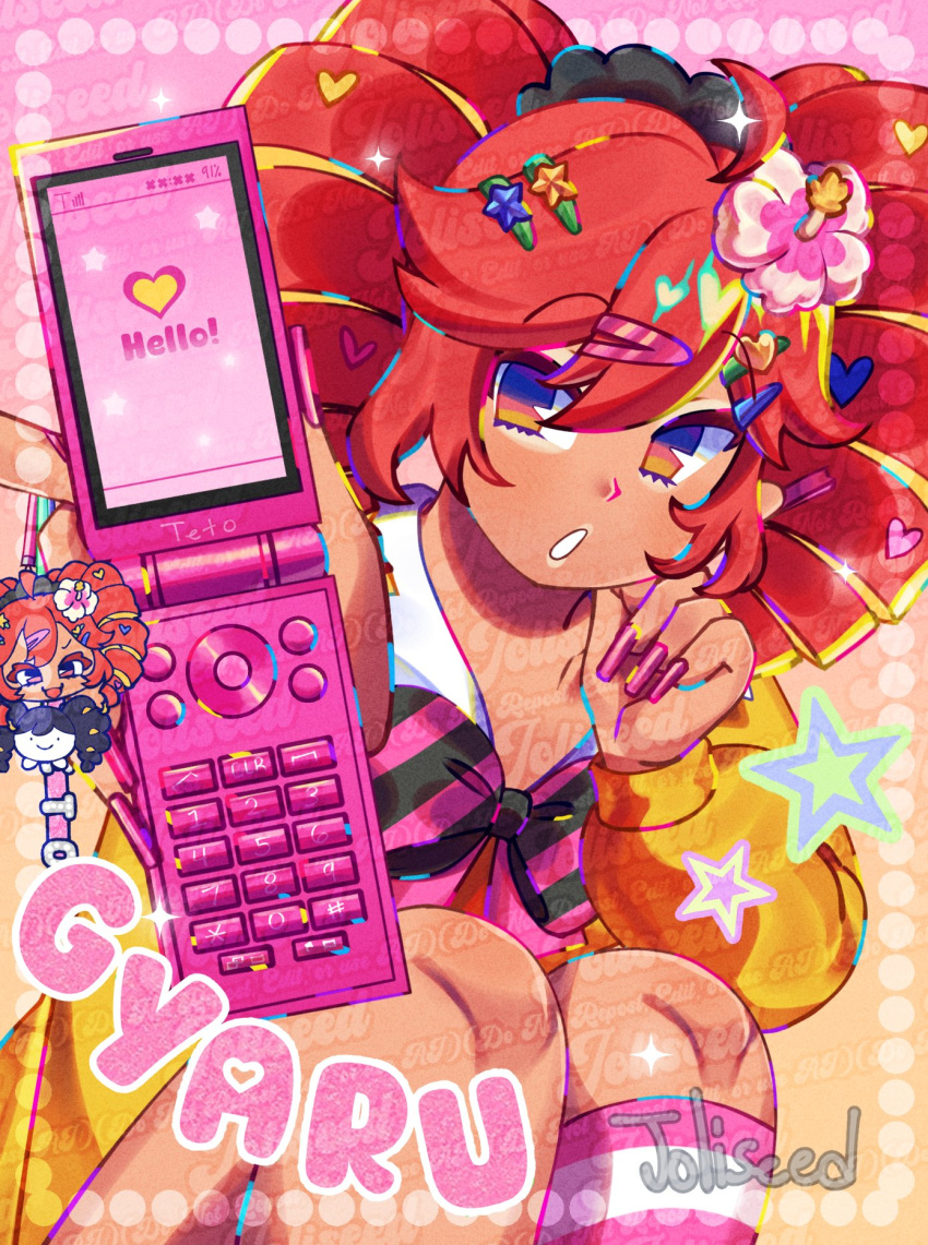 1girl, artist_name, bow, bowtie, cellphone, character_name, drill_hair, english_text