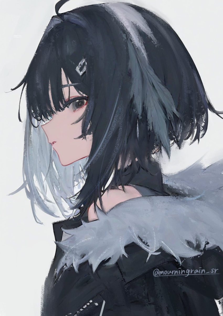 1girl, arknights, black_eyes, black_hair, black_jacket, black_shirt, commentary, eyeshadow