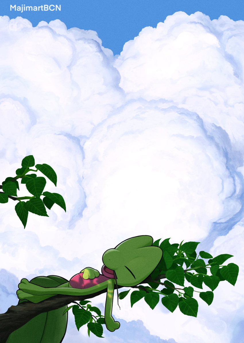 artist_name, blue_sky, branch, closed_eyes, clouds, cloudy_sky, colored_skin, commentary