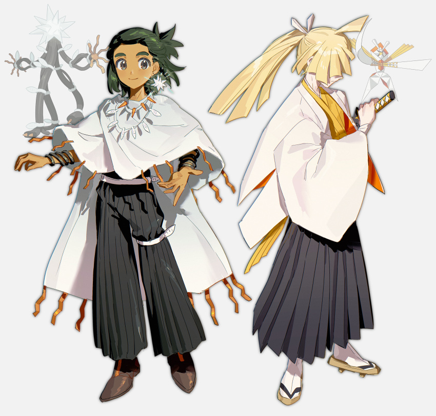 2boys, absurdres, ahoge, alternate_costume, alternate_hairstyle, belt, black_hakama, black_pants, blonde_hair, bracelet, brown_shoes, closed_mouth, cosplay, dark-skinned_male, dark_skin, earrings, facing_ahead, fua1heyvot4ifsr, full_body, geta, gladion_(pokemon), green_eyes, green_hair, hair_ornament, hair_over_eyes, hair_stick, hakama, hakama_pants, hand_on_hilt, haori, hau_(pokemon), high_ponytail, highres, holding, holding_sword, holding_weapon, japanese_clothes, jewelry, kartana, kartana_(cosplay), katana, kimono, leg_belt, long_hair, looking_at_viewer, male_focus, medium_hair, multiple_boys, open_hands, outstretched_arms, pants, pleated_pants, pokemon, pokemon_sm, ponytail, reference_inset, shoes, short_ponytail, simple_background, smile, socks, standing, sword, three_quarter_view, weapon, white_background, white_belt, white_haori, white_poncho, white_socks, wide_sleeves, xurkitree, xurkitree_(cosplay), yellow_kimono