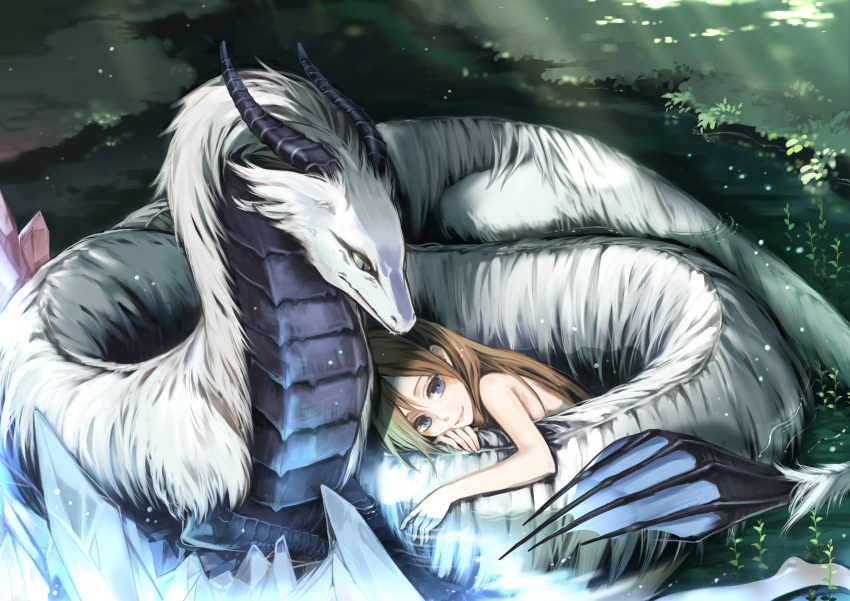 blue_eyes, dragon, highres, horns, kyl, long_hair, original, solo, water, yellow_eyes