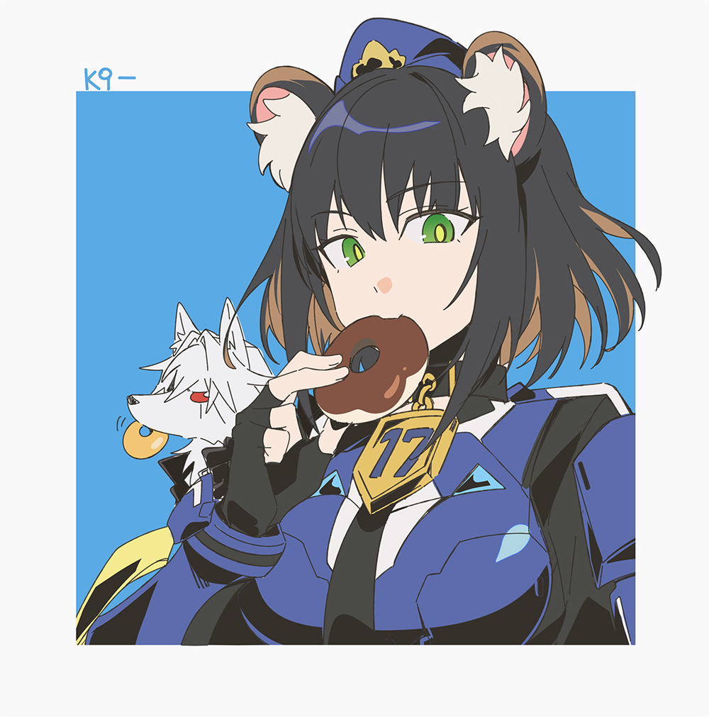 1girl, 3_ma_me, animal_ears, armor, black_hair, blue_armor, blue_background, blue_jacket