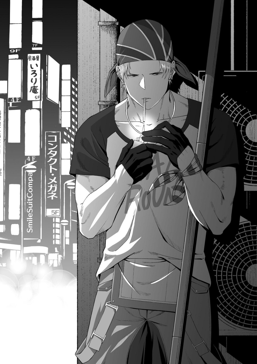 1boy, apron, bandana, billy_kane, cigarette, commentary_request, cowboy_shot, greyscale