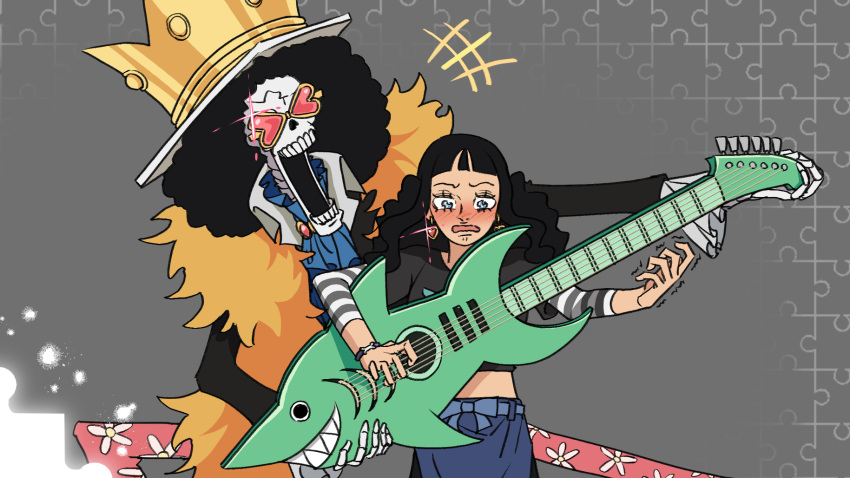 +++, 1boy, 1girl, afro, black_hair, blush, bookstore_part-timer, brook_(one_piece)