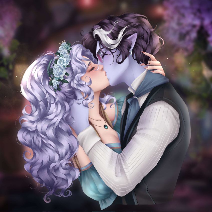 1boy, 1girl, black_hair, blurry, blurry_background, closed_eyes, couple, curly_hair