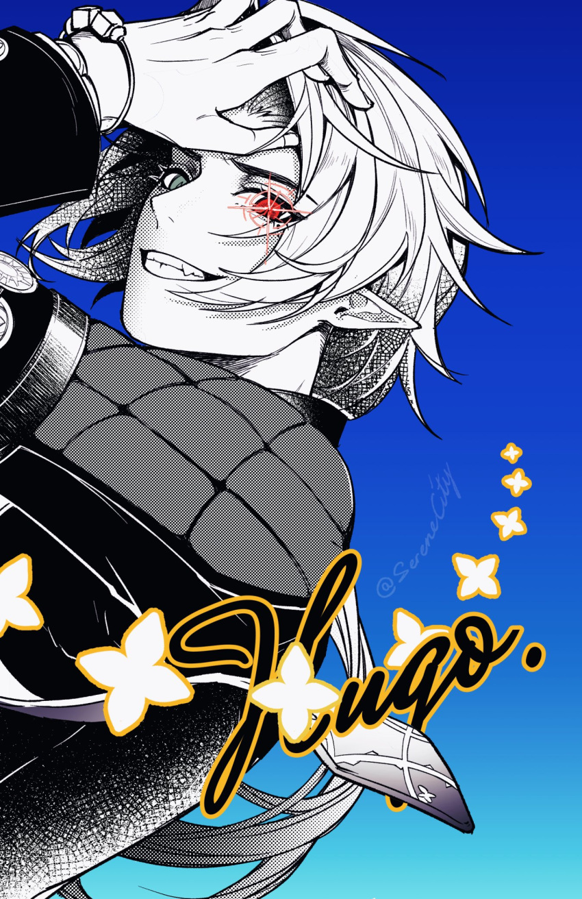 1boy, blue_background, blue_eyes, character_name, city_serene, commentary, fang, greyscale_with_colored_background