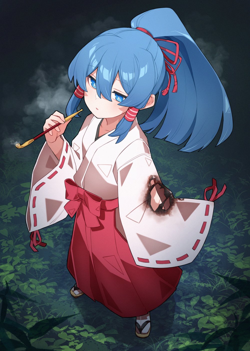 1girl, blowing_smoke, blue_eyes, blue_hair, brown_sandals, ch00suke, commentary_request, flat_chest