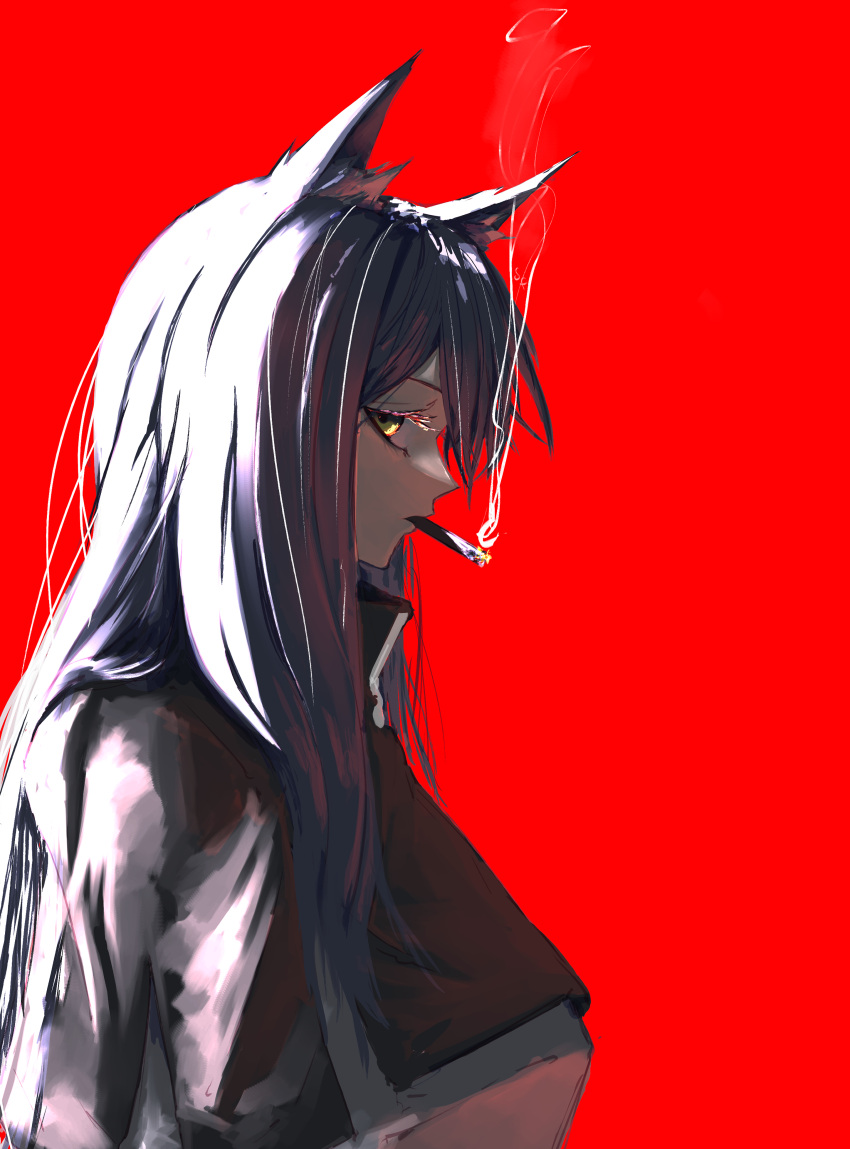 absurdres, animal_ears, arknights, cigarette, commentary, from_side, highres, long_hair