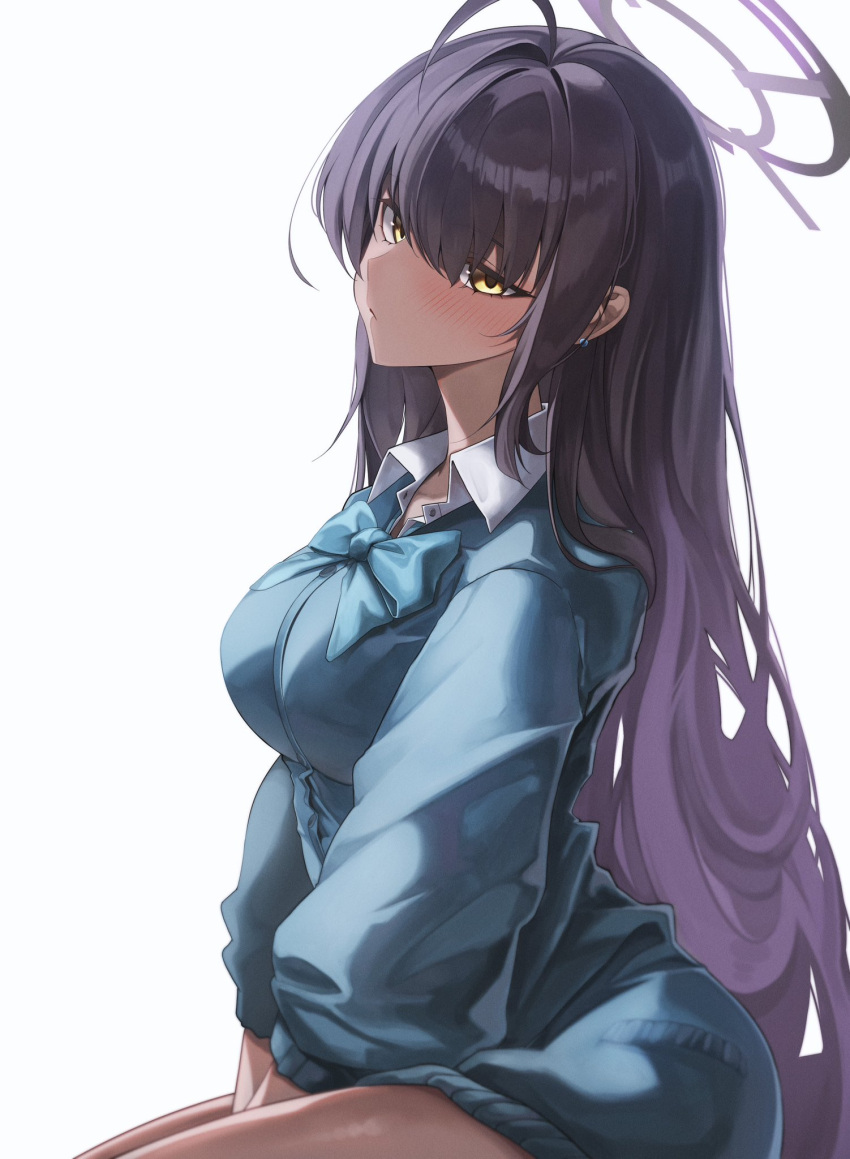 ahoge, black_hair, blue_archive, blue_cardigan, blush, breasts, cardigan, collared_shirt, cowboy_shot, dark-skinned_female, dark_skin, earrings, eyelashes, from_side, gemb, gradient_hair, hair_between_eyes, hair_intakes, hair_over_shoulder, halo, hashtag-only_commentary, highres, jewelry, karin_(blue_archive), karin_(school_uniform)_(blue_archive), large_breasts, long_hair, long_sleeves, looking_at_viewer, multicolored_hair, official_alternate_costume, puffy_long_sleeves, puffy_sleeves, purple_hair, purple_halo, shirt, sidelighting, simple_background, sitting, tsurime, very_long_hair, white_background, white_shirt, yellow_eyes
