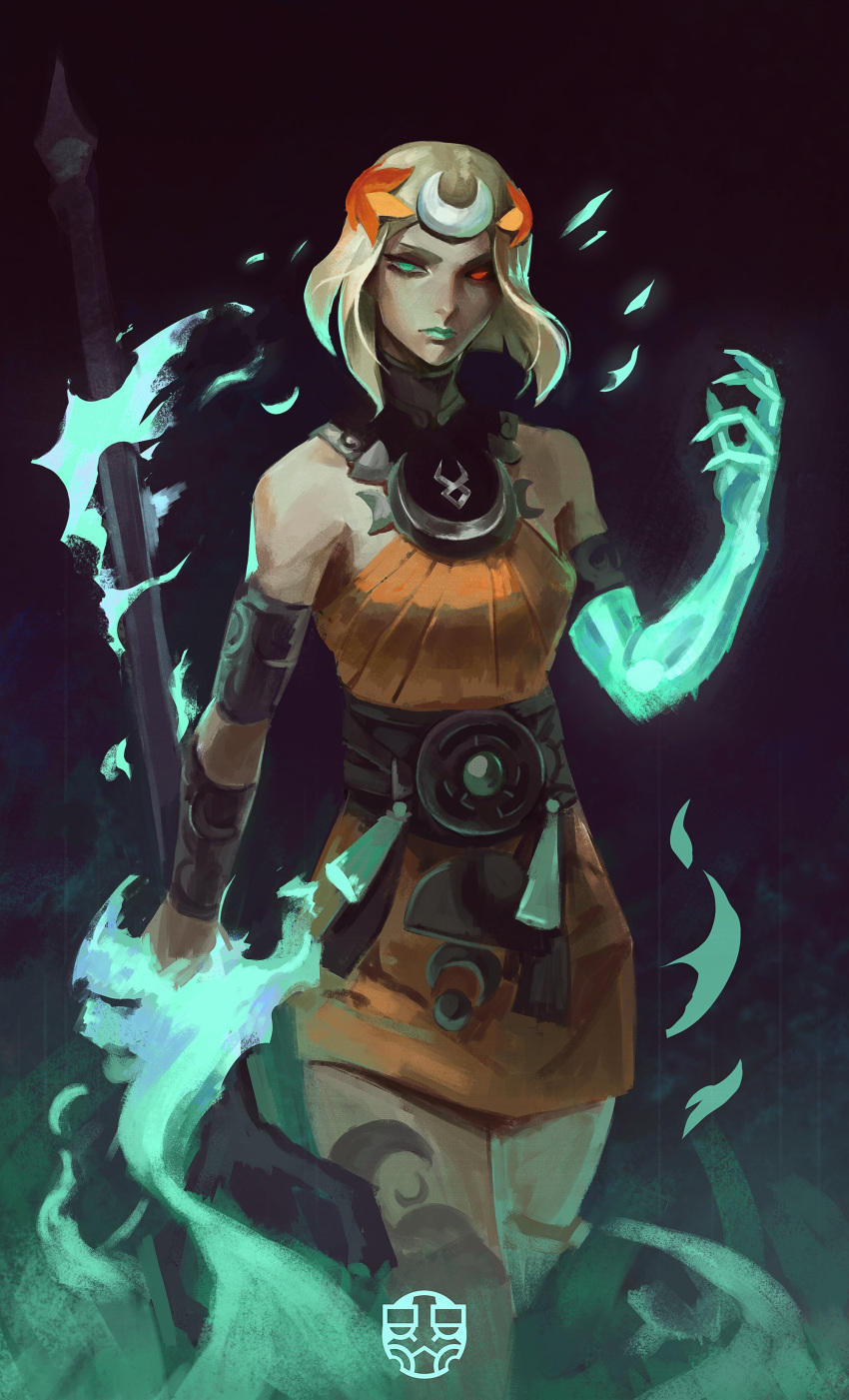 1girl, absurdres, artist_logo, asymmetrical_arms, belt, black_background, black_sclera, blonde_hair