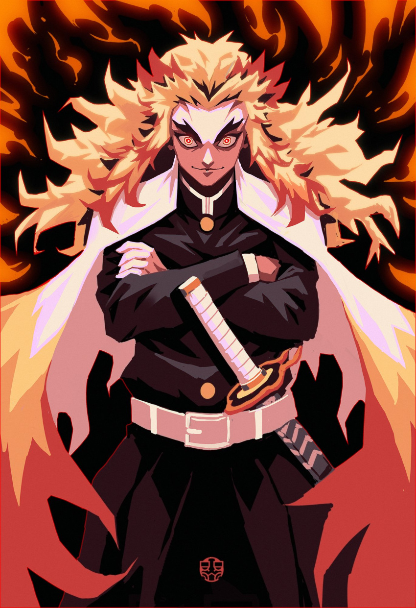 1boy, artist_logo, belt, blonde_hair, cape, closed_mouth, crossed_arms, demon_slayer_uniform
